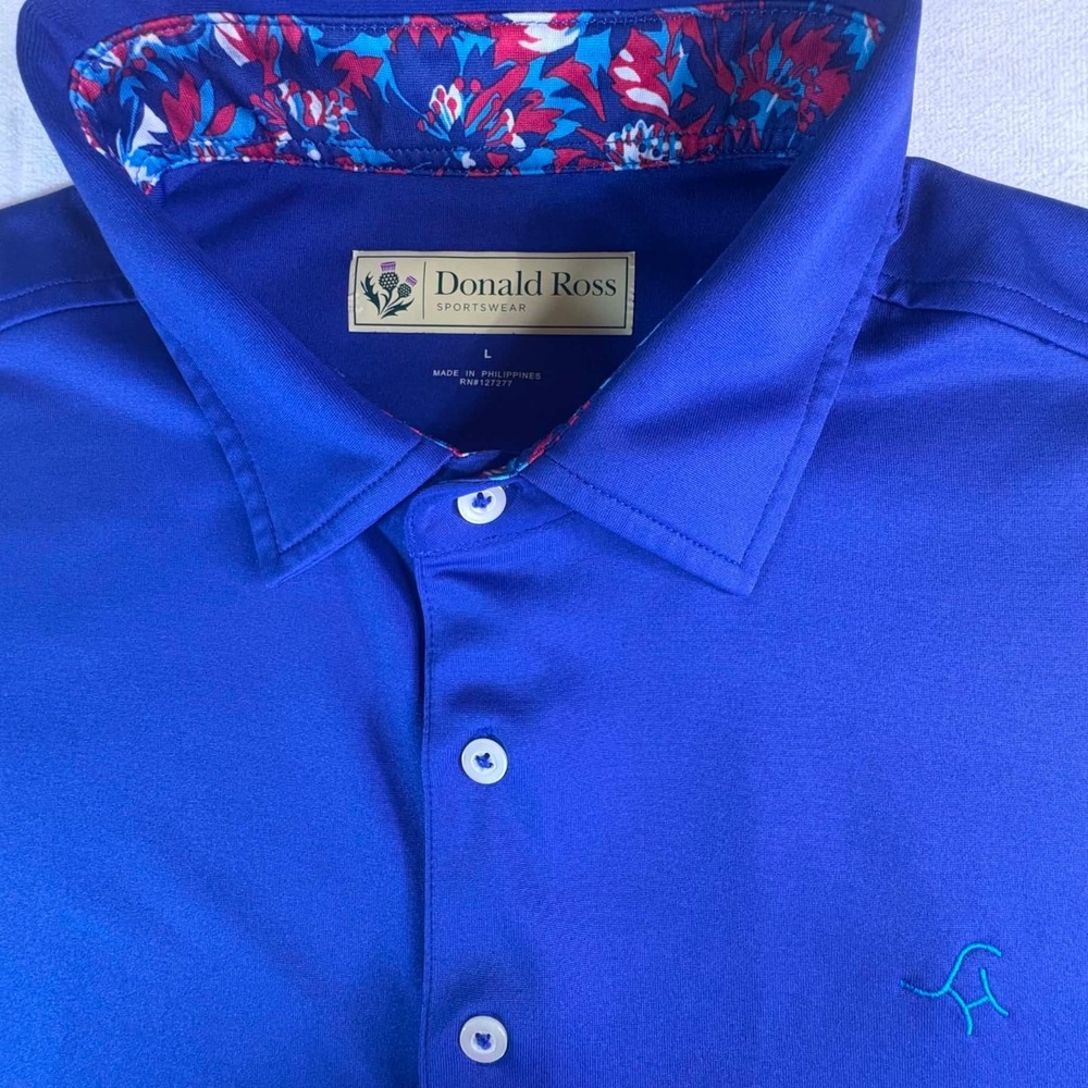 Donald Ross Golf Polo Shirt Mens Large Royal Blue Floral Inner Collar Athleisure
